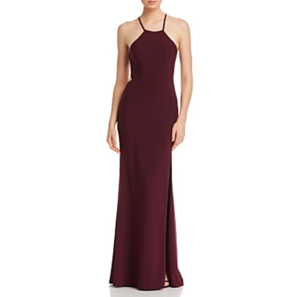 Avery G Backless Halter Evening Gown Wine Red Size 6 Sleeveless Thigh Slit Dress - Picture 12 of 14